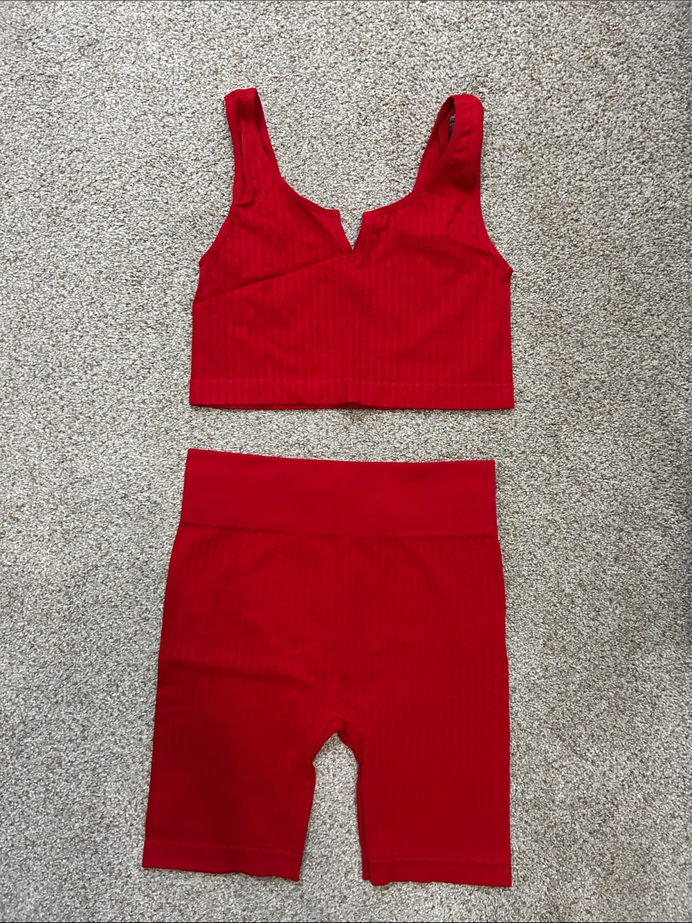 No Boundaries Red Ribbed Crop Tank and Bike Shorts Set